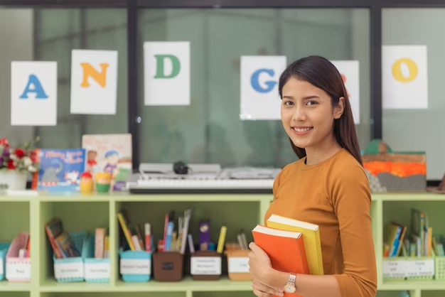 Young woman teaching English to a group of Thai children in a colorful classroom.